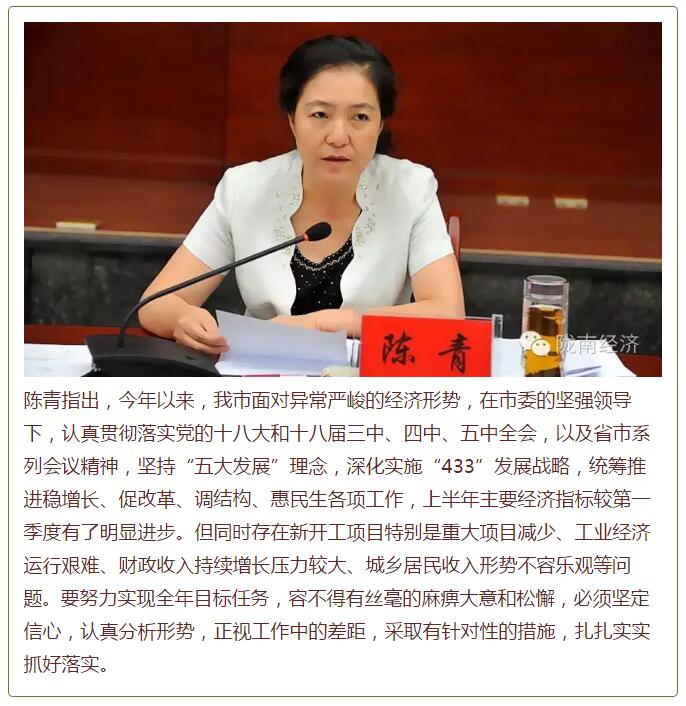 陳青在市政府全體會(huì)議上強(qiáng)調(diào)：緊盯一個(gè)目標(biāo)抓好九大任務(wù)落實(shí)強(qiáng)化三項(xiàng)保障，確保全市經(jīng)濟(jì)社會(huì)持續(xù)快速發(fā)展